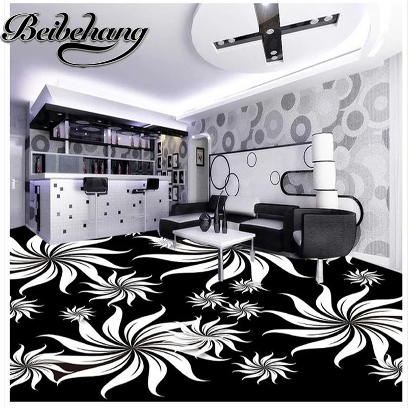 beibehang Custom Floor bathrooms self-adhesive 3D PVC waterproof floor Black and white artistic pattern Decorative floor pain