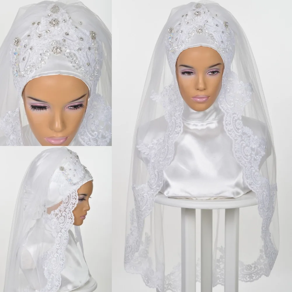 

Muslim Wedding Veils for Brides 2019 Islamic Bridal Hijab Beading Crystals Lace Appliques Edge Elbow Length Muslim Head Covering