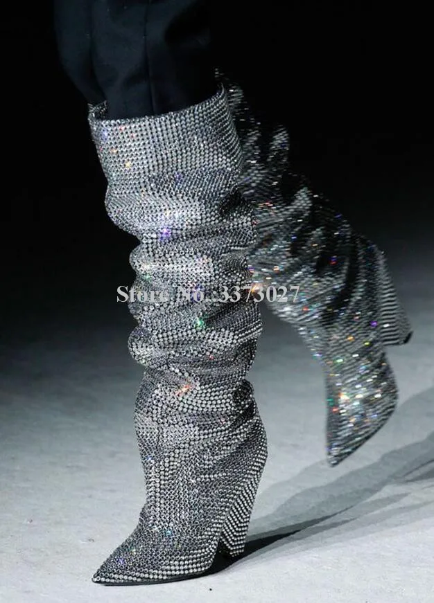 Glitter Spike Heels Crystal Knee High Boots Woman Bling Bling Rhinestone Long Boots Sexy Pointed Toe Shinning Knight Boots