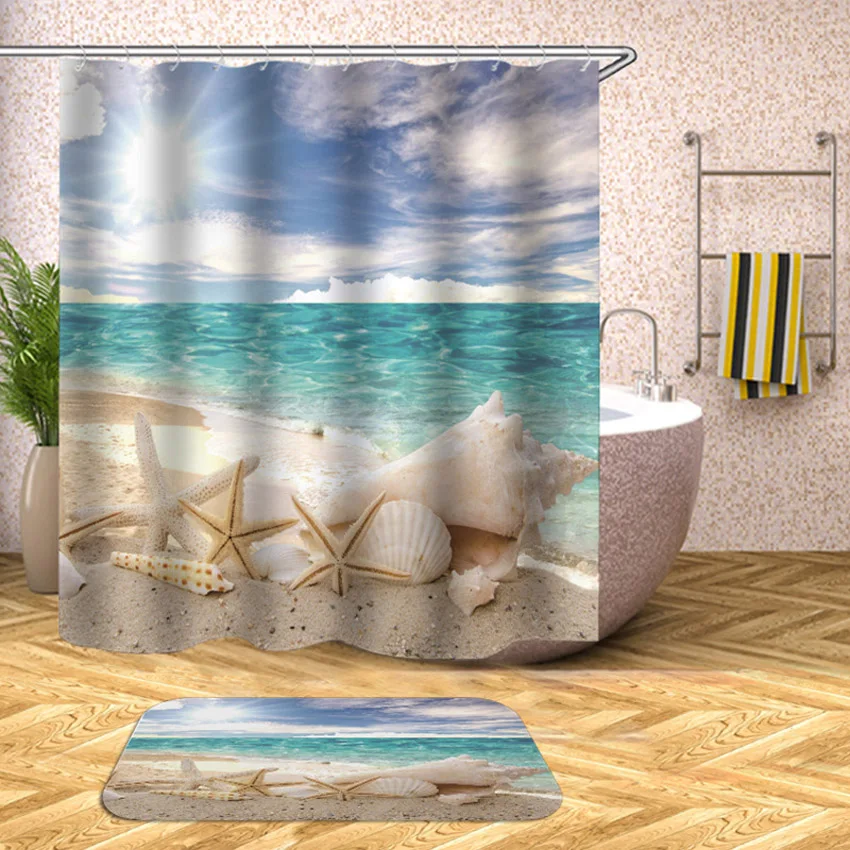 Waterproof Shower Curtain Beach Shell Sea Bath Curtains For Bathroom Bathtub Bathing Cover Extra Large Wide With 12pcs Hooks