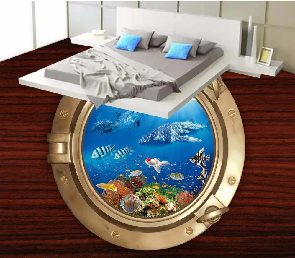 

3d floor painting wallpaper Underwater World Steel Side Window 3D Wooden Floor Painting pvc floor wallpaper