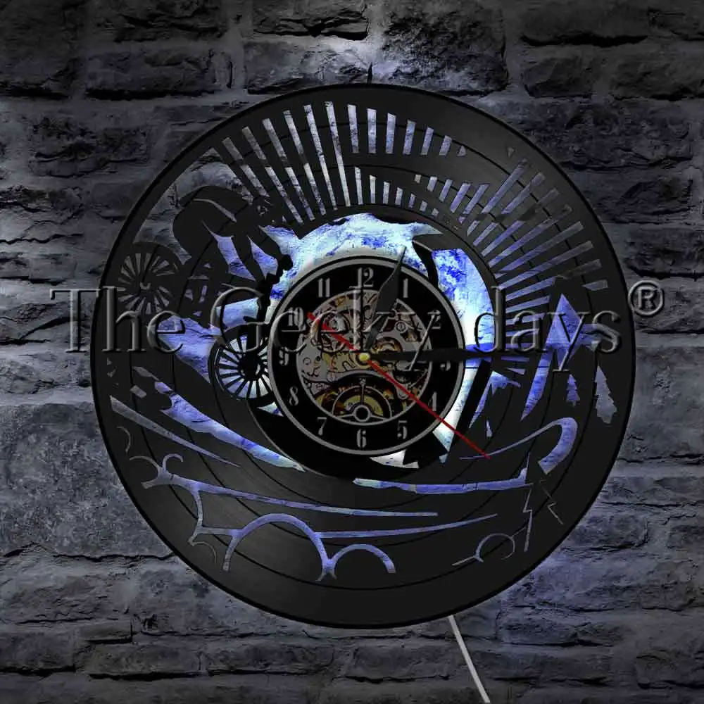 Mountain Bike Silhouette Wall Light Vinyl Record Wall Clock With LED Night Light Dirt Bike Bicycle Decorative Lighting