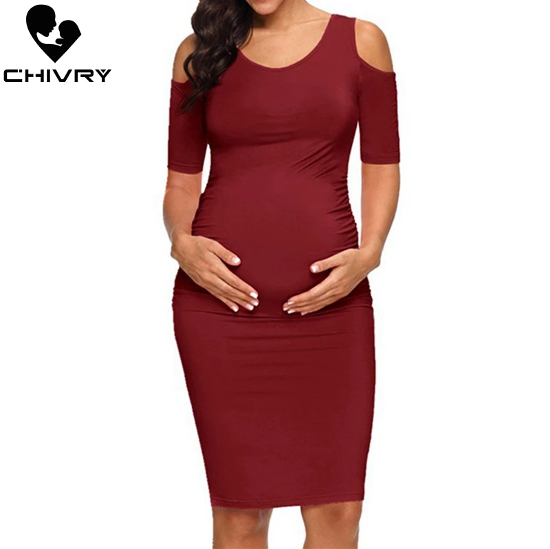 Chivry New Maternity Women Pregnancy Dresses Mama Clothes O-Neck Solid Sexy Off Shoulder Bodycon Pregnant Women Casual Dress