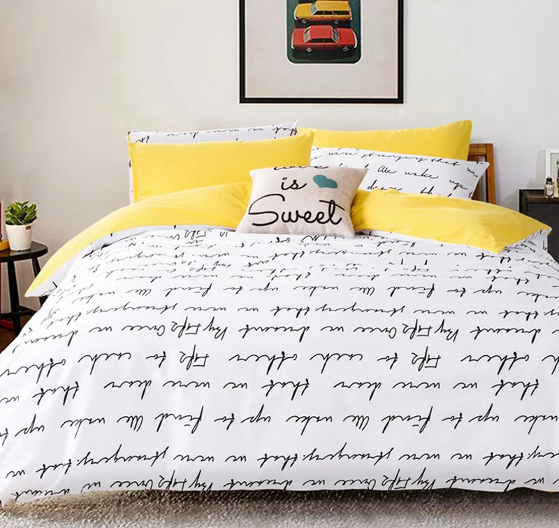 Letter Printing Bedding Sets Duvet Cover Set Linens RU USA Size,Quilt cover set Yellow Black Gray