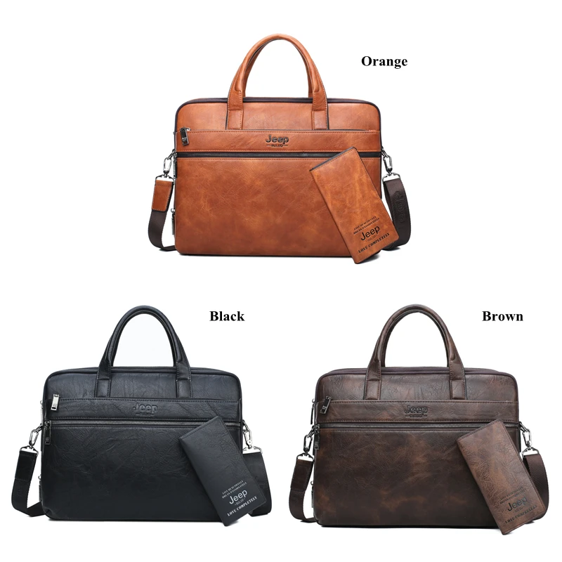 JEEP BULUO Brand Man\'s Business Briefcase Bag 2pcs/set Split Leather Shoulder Bag Men office Bags For 14 inch Laptop A4 Causel