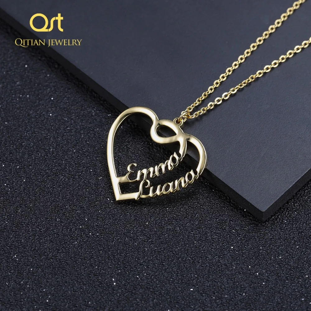 

Qitian Double Heart Name Custom Necklaces Personalized Stainless Steel Jewelry For Women Gold Choker Jewelry Bridesmaid Gift