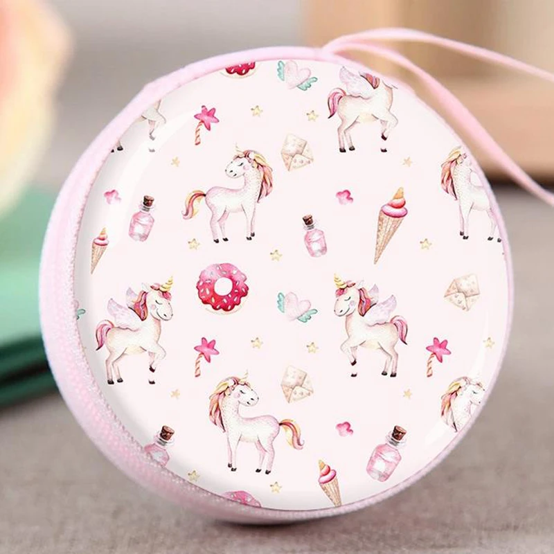 아이 소녀 선물을위한 유니콘 이어폰 가방 철 금속 키 편지지 카드 애니메이션 지퍼가 달린 라운드 스토리지 하드 가방 헤드셋 상자 SD TF