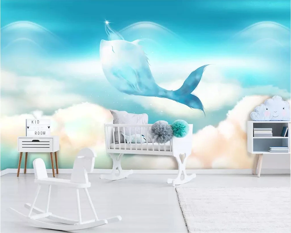 

Beibehang Custom wallpaper Nordic modern minimalist hand-painted dreamy dolphin children's room background wall 3d wallpaper