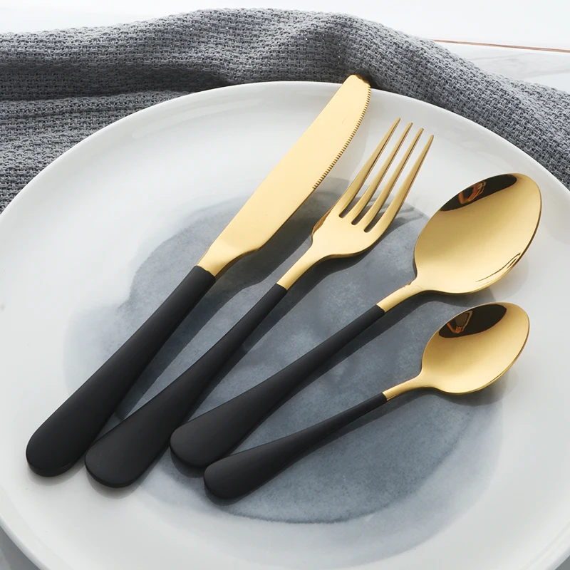 4PCS Flatware Set Stainless Steel 18/10 Western White Gold Dinnerware Black Handle Cutleries Set Dinner Knife Dinner Fork