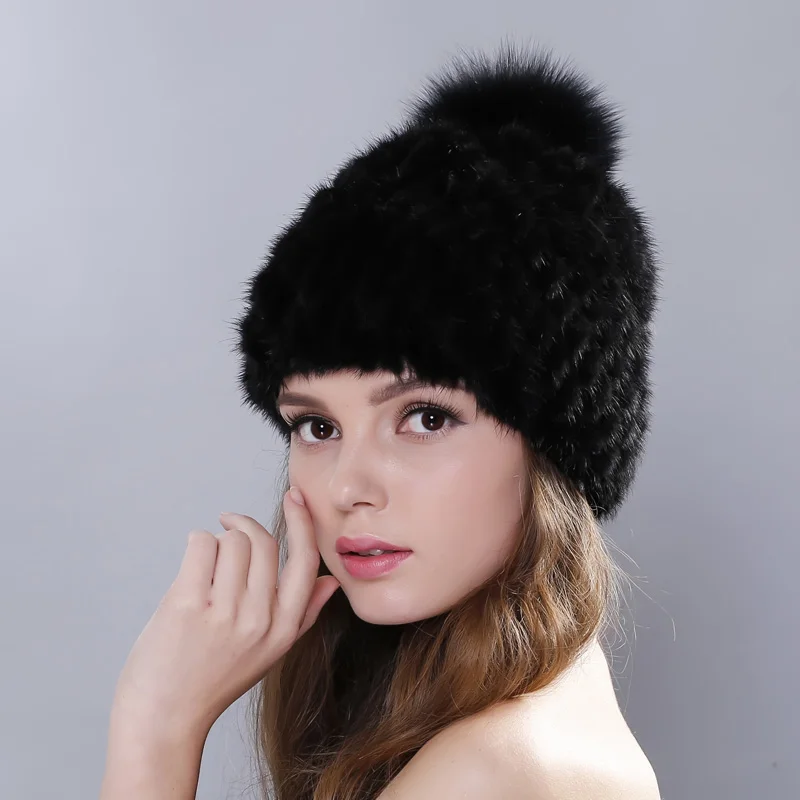 MPPM Russian Real mink fur hat for women winter knitted mink fur beanie cap fox fur pom pom hat new thick female cap