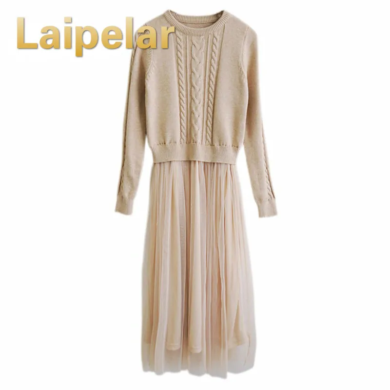 

Laipelar Autumn Winter Patchwork Dress Fashion Women O-neck Slim Long Sleeve Knitting Mesh Casual Dress Ladies Tulle Dresses