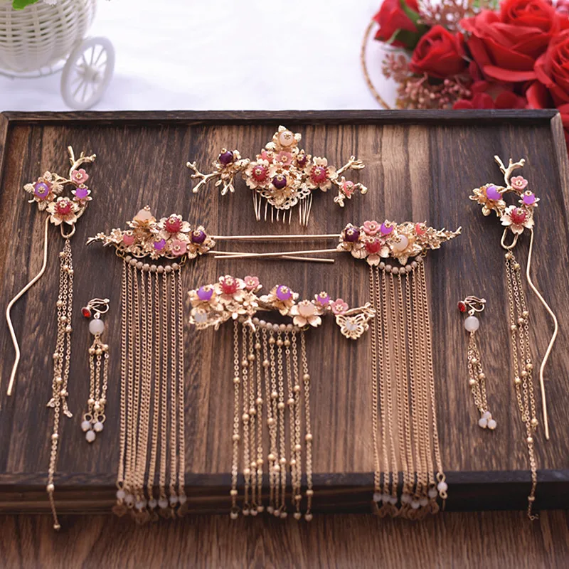 Luxury Chinese hair sticks comb earrings bride tiara sets wedding brides hair accessories