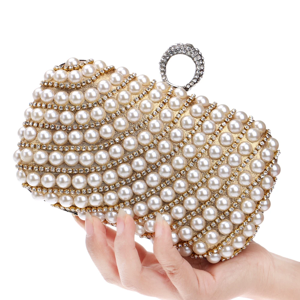 New Girl Gold Party purse Woman's Fashion Pearl Evening Bags Beaded Day Clutches Fashion clutch bags small Pearl rhinestone bag