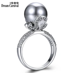 DreamCarnival 1989 Brand New Elegant Wedding Ring for Women Grey Pearl Micro Cubic Zircon Paved Jewelry Party Must Have WA11530