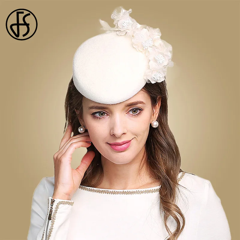 

FS Fascinators For Women Elegant Flowers White Wedding Hat Wool Felt Pillbox Cocktail Hats Lady Fedoras Derby Church Female Cap