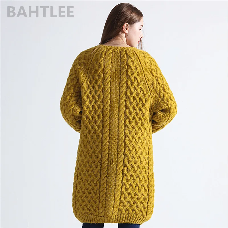 BAHTLEE-Women\'s Long Sleeve Warm Mohair Cardigan, Knitting Wool, Jacquard Weave Sweater, O-Neck Jumper, Pocket, Mustard, Yellow,