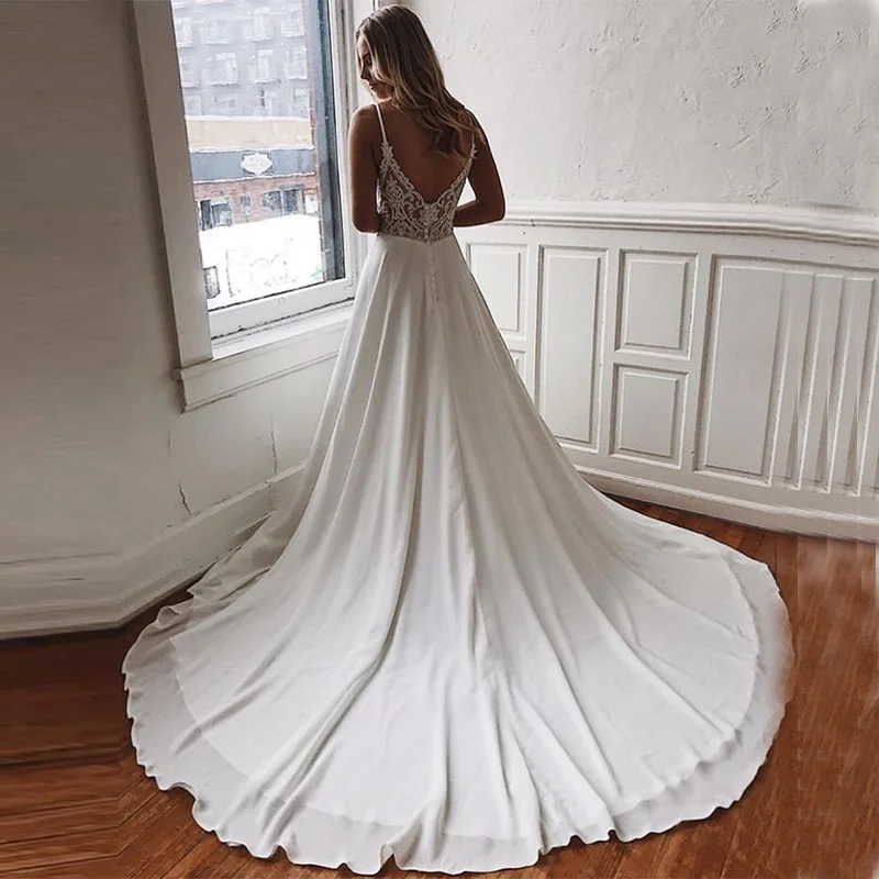 Vestido de noiva branco marfim, vestidos de noiva sensual com decote em v profundo, apliques de tamanho grande, vestidos de noiva sem costas, alças espaguete