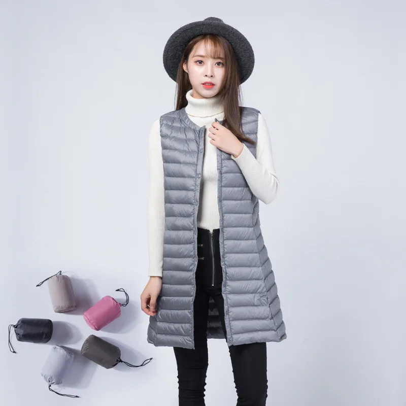

O-Collar Women's Long Vest Ultra Light Down Vests Female Down Coat Slim Sleeveless Plus size XXXL
