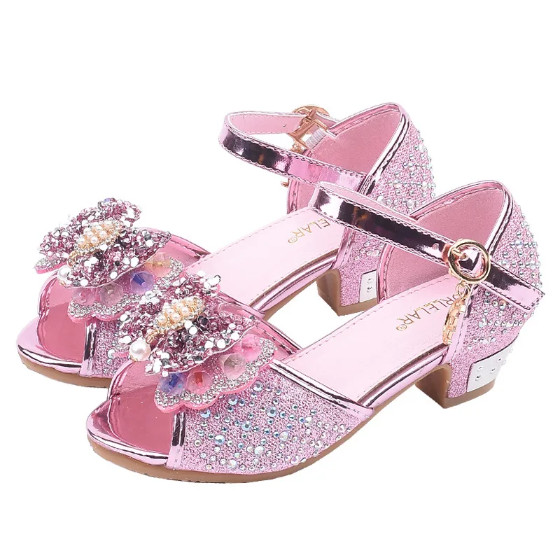 Sandalias de tacón alto con lazo de diamantes de imitación para niñas pequeñas, zapatos de princesa para bailar, zapatos de cuero Pu para niñas