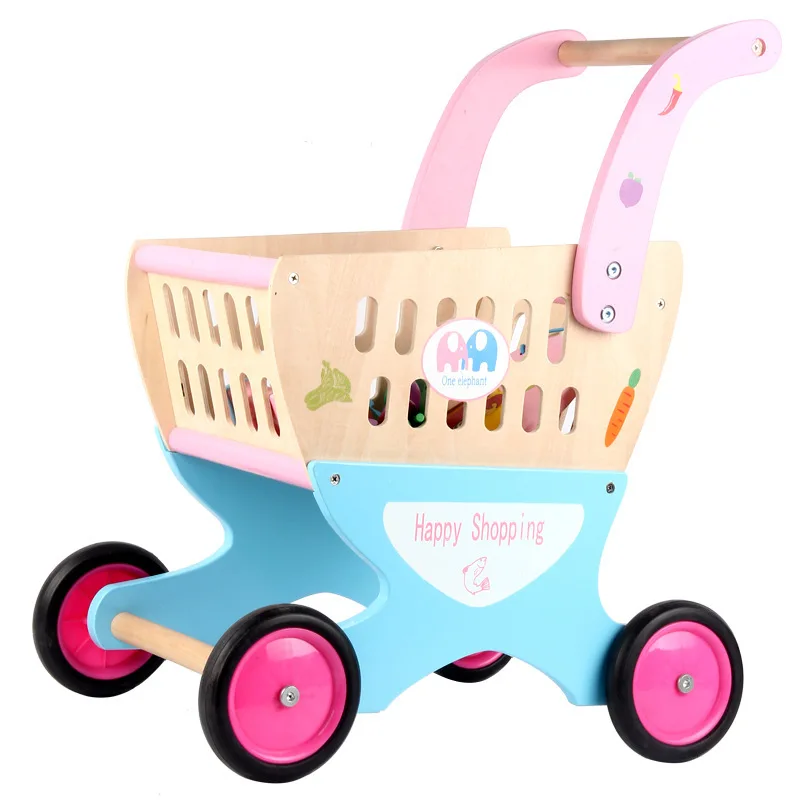 Children wooden simulation shopping cart with cutting fruit vegetables pretend play toys gifts 3Y+