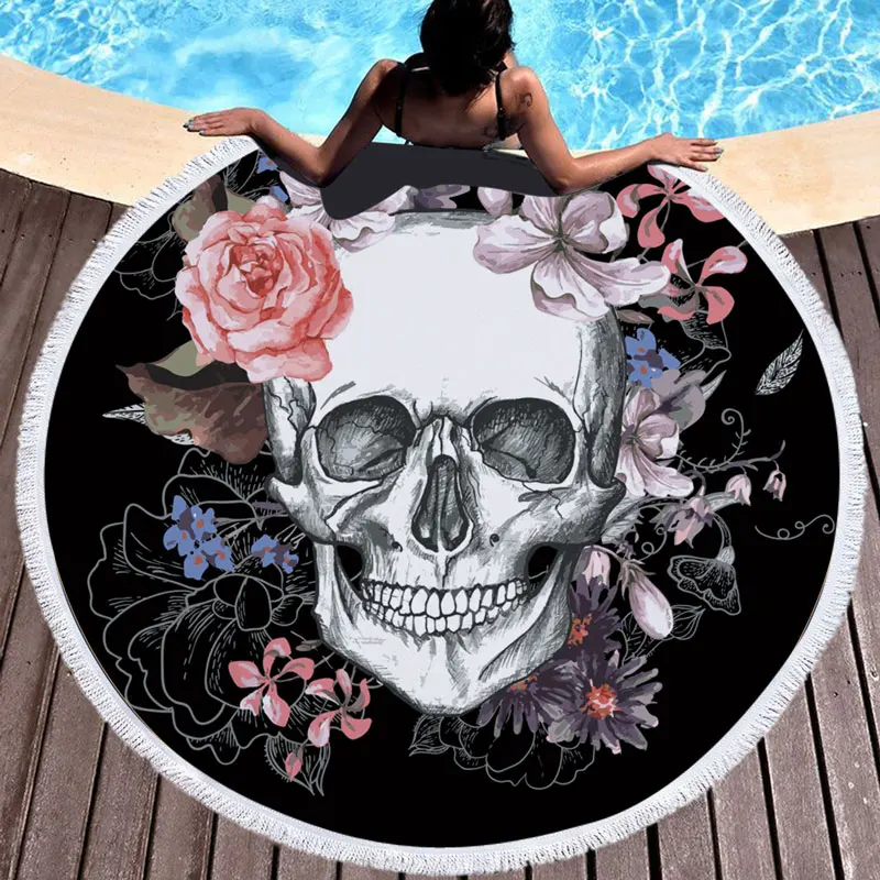 Large Blue Beach Towel for Adults Rose Flower Skull Microfiber Bath Towel Picnic Yoga Mat Travel Boho Tablecloth Toalla De Playa