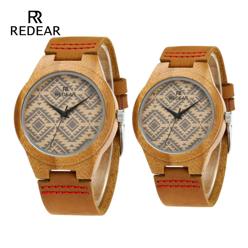 Redear Gratis Verzending Minnaar Bamboe Horloges Retro Speciale Golvende Lijnen Vrouwen Horloge Echt Leer Horloge Band Verjaardagscadeautjes