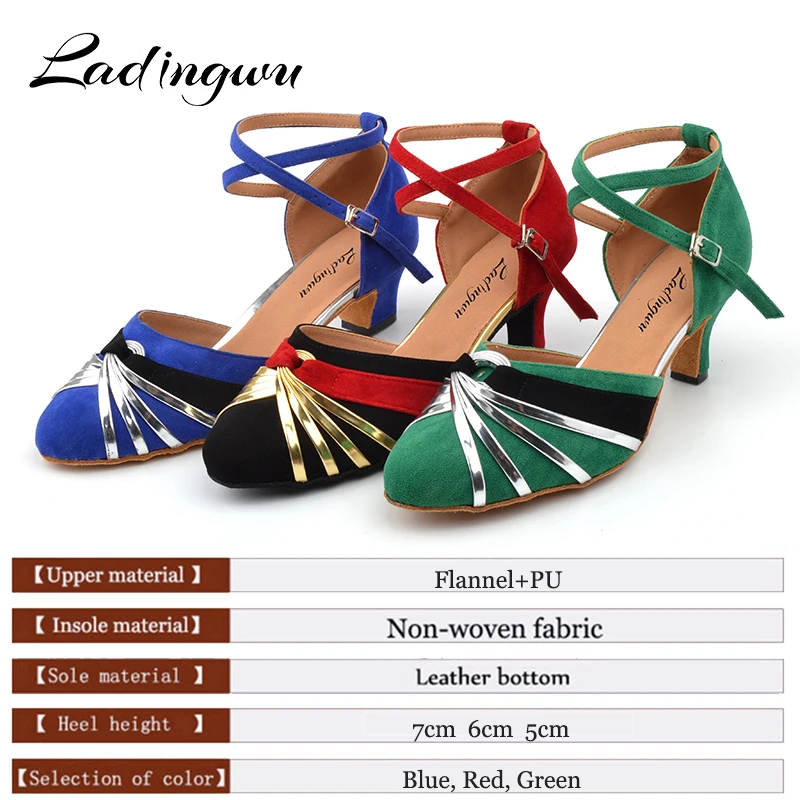 Ladingwu Women's Closed Pointe Shoes Women's Latin Dance Shoes For Ballroom Dancing Color Blue/Green/Red Flannel Heel 5/6/7cm