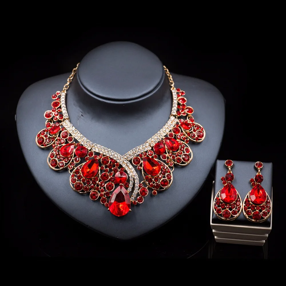 Luxurious Teardrop Crystal Bridal Wedding Jewelry Sets Rhinestone Big Necklace Earrings Sets Hot Sale TL034