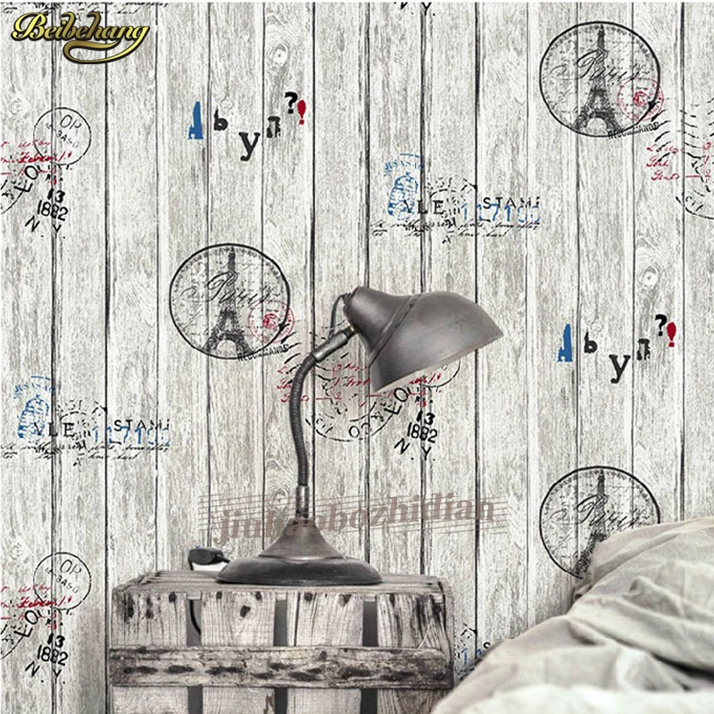 

beibehang Retro nostalgia letters iron tower wood grain board wallpaper bar cafe clothing shop personality striped wall paper