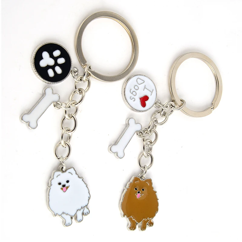 Pomeranian dog keychain key rings for women men girls white gold color metal pet dog pendant bag charm car key chain keyring