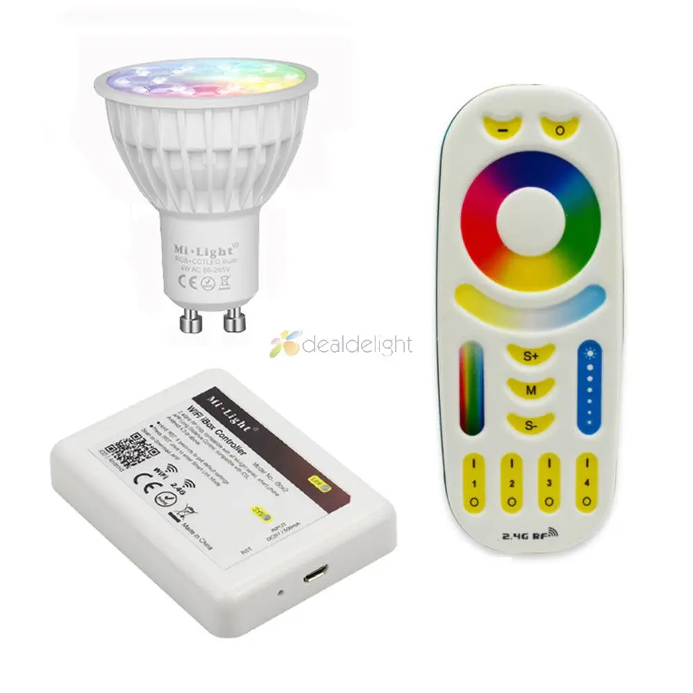 Miboxer 4W GU10 RGB+CCTLed Bulb FUT103 2.4g Dimmable 2700-6500K LED Lamp Indoor Decoration + 4-zone RF Remote+ WL-Box1 Wifi