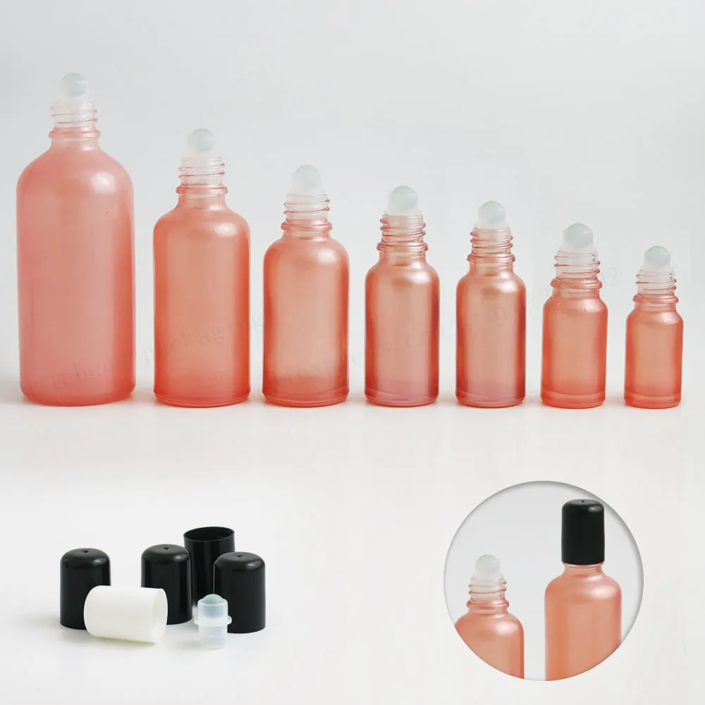 

12 x Empty Refillable Paint Pink Glass Essential Oil Bottle With Black Cap Glass Ball 10ml 30ml 50ml 100ml