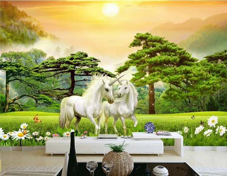 Modern minimalist living room forest landscape welcoming pine white unicorn horse decorative painting background wall painting