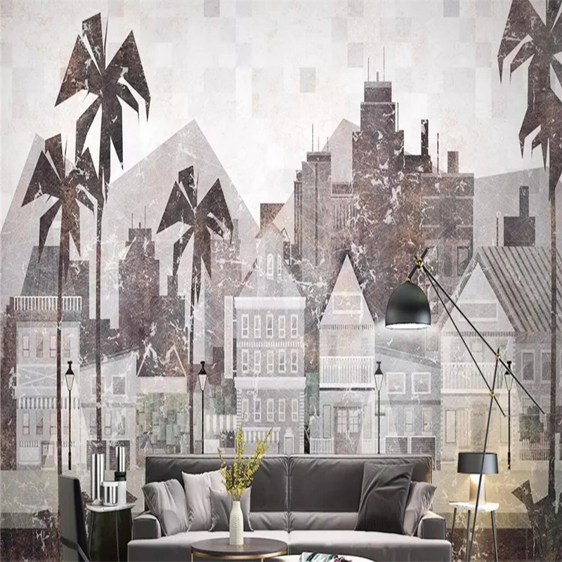 

Decorative wallpaper series Nordic modern simple retro urban architecture coconut tree TV background wall