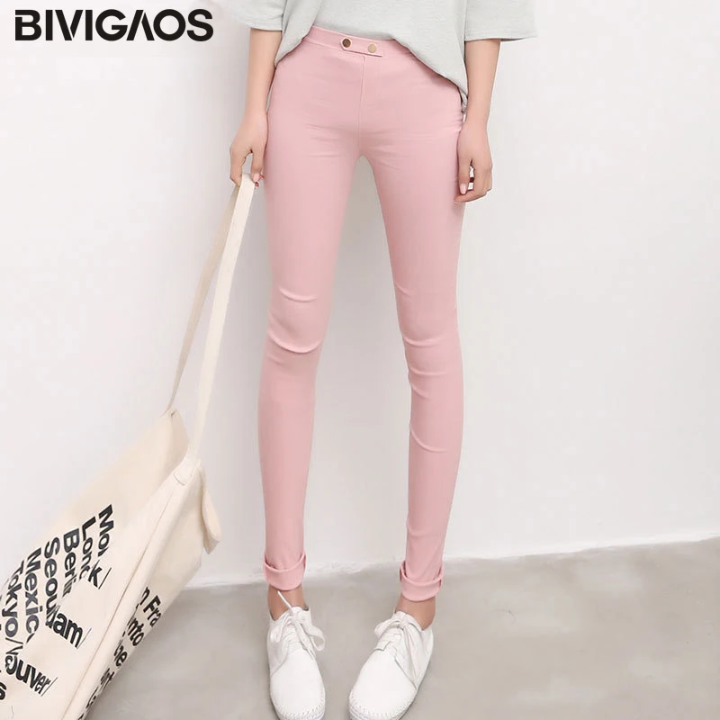 BIVIGAOS Summer New Fashion Korean Womens Elastic Skinny Two Buttons Woven Leggings Slim Thin Pencil Pants For Women Clothing