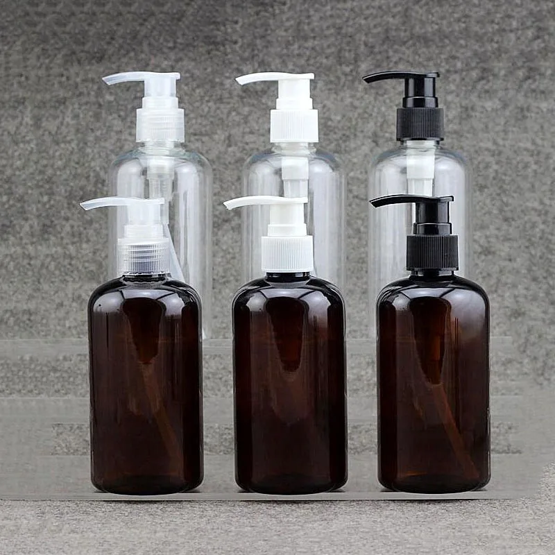 15pcs/lot Amber Plastic Cosmetic Container, 250ml PET Lotion Pump Bottle, Empty Shampoo Sub-bottling, Essential Oils Bottles