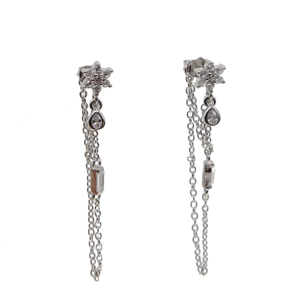 100% 925 Sterling Silver Cute Romantic Flower Tassel Stud Earring With Link Chain Lovely Daily Jewelry Girls Wedding Earrings