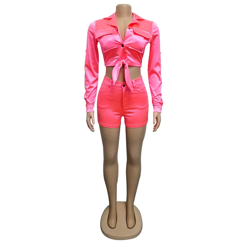 Tie Up Satin Two Piece Set Women Summer Outfits Short Sleeve Bow Tie Up Top And Shorts Suit Fashion Sexy Women Sets