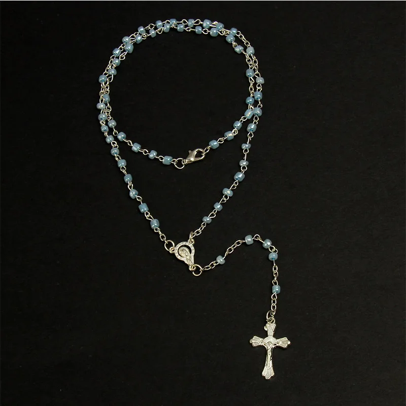 Small 4mm Glass Rosary Necklace with Gold Beads and Heart Shaped Pendant Chain with Cross Christian Church Prayer Ornaments - view 4