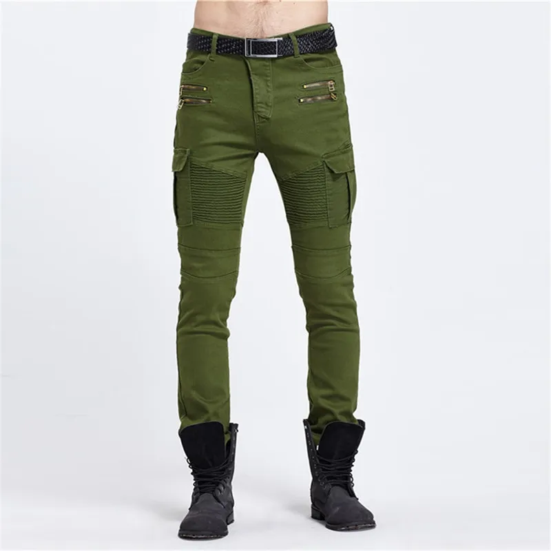 Biker Jeans Punk Style Cargo Pocket Jeans Skinny Men Famous Brand Mens Designer Clothes Zipper Denim Pants Green Black