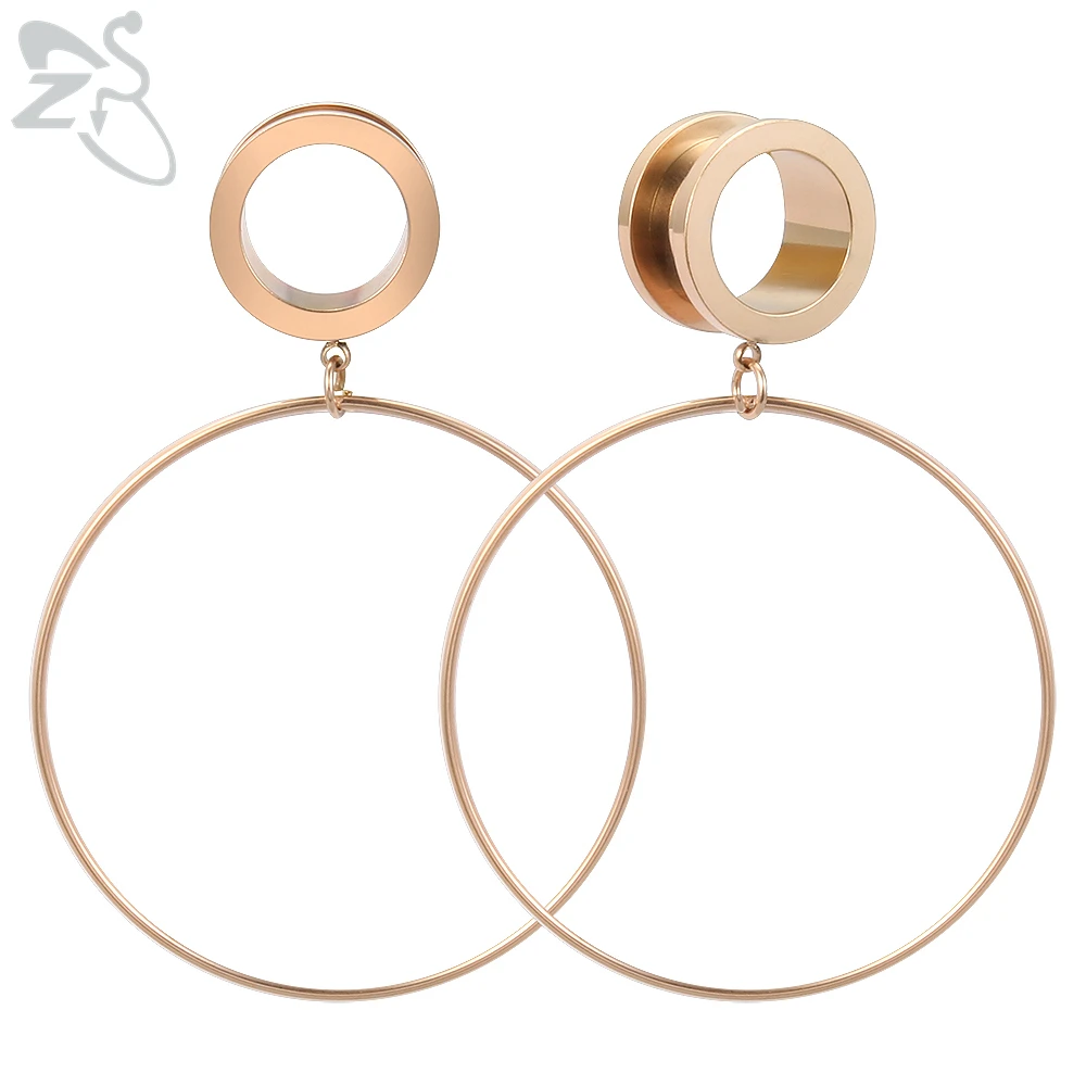 ZS 4-20mm Big Circle Ear Plug Tunnel Stainless Steel Screw Flesh Tunnel Steel Rose Gold Color Ear Tunnels Body Piercing Jewelry