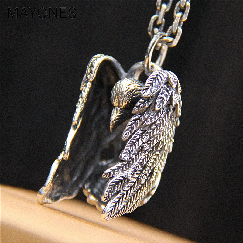 MAYONES Fashion Jewelry Evil Psychic Crow S925 Sterling Silver Men And Women Retro Thai Silver Feather Bird Pendant