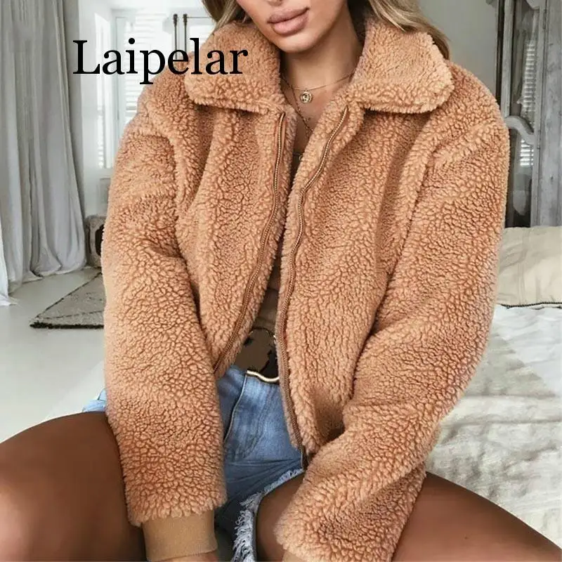 

Laipelar пальто из искусственного меха Женская осенне-зимняя пушистая Тедди куртка пальто с длинным рукавом Верхняя одежда Отложное Короткое женское пальто