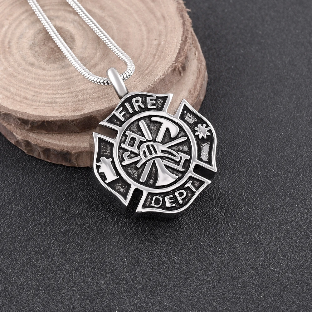 Stainless Steel Firefighter Fire Dept Round Cremation Pendant Memorial Necklace Ashes Urn Keepsake Funeral Jewelry