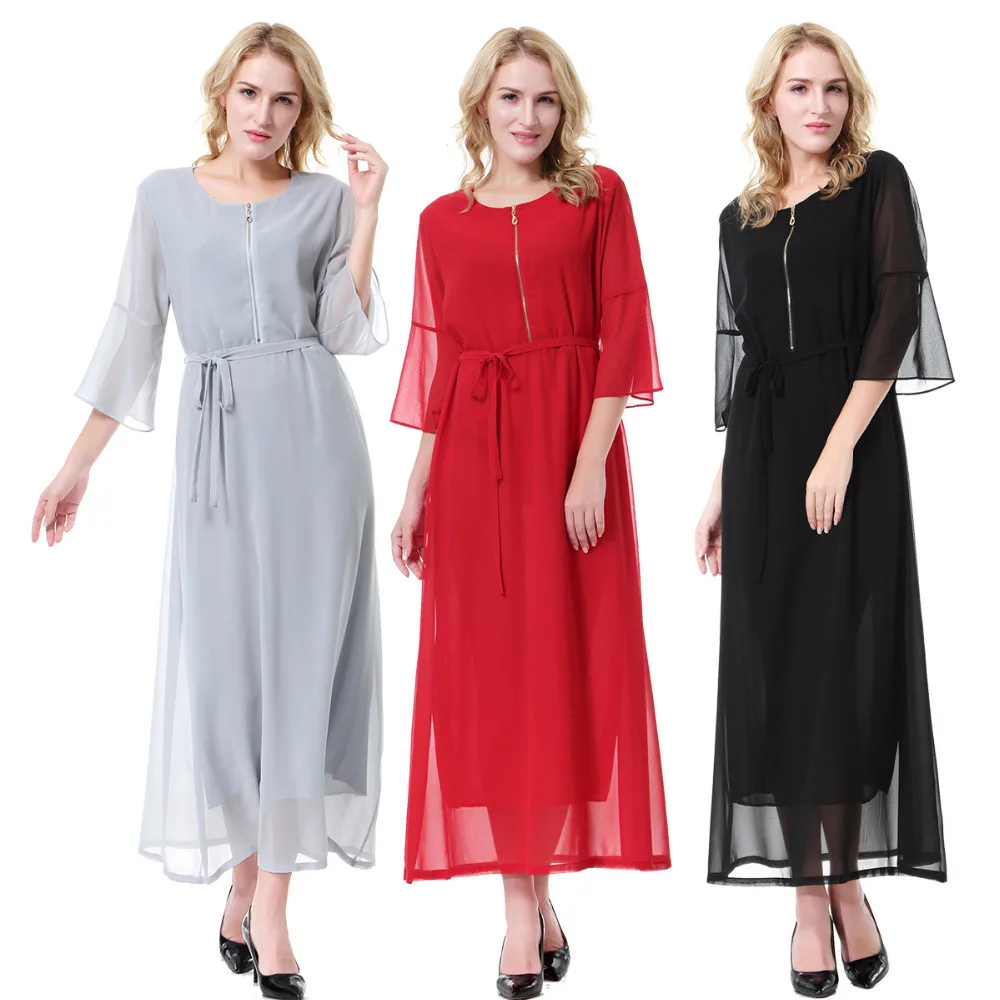 

Summer Short Sleeves Chiffon Dress for Muslim Women Islamic Clothing Ladies Muslim Formal Abaya Dress Robe Arabe Kaftan CN-088