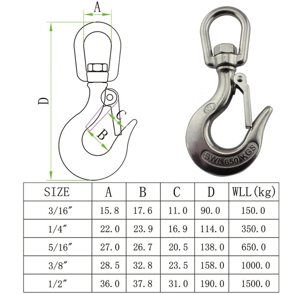 Stainless Marine Eye Lift Swivel Crane Hooks with Safety Load Limit of 650Kg for Lifting 2pcs 3/8 inch