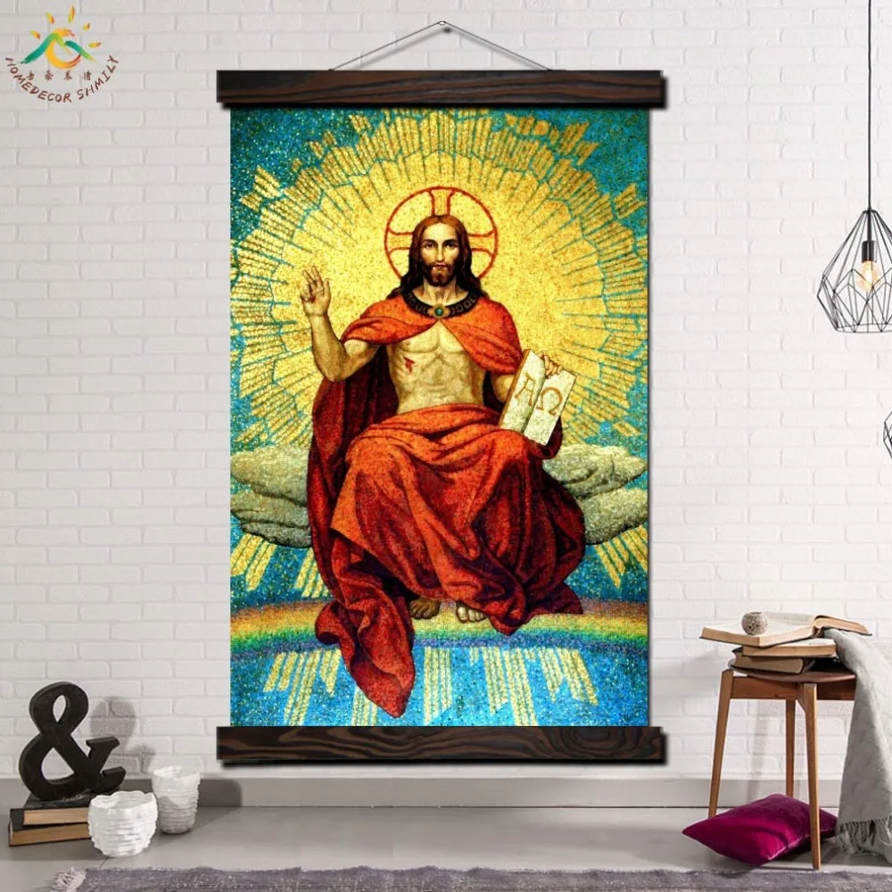 

King Jesus Peace Single Modern Wall Art Print Picture And Poster Solid Wood Hanging Scroll Canvas Painting Home Decor