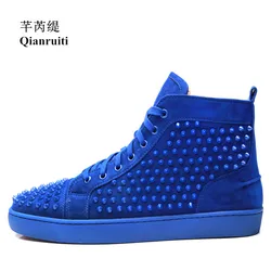 Runway Suede Men Shoes Rivets Sneakers high top Spike Casual Ankle Lace-up Flat Men Camping Shoes Customized Color