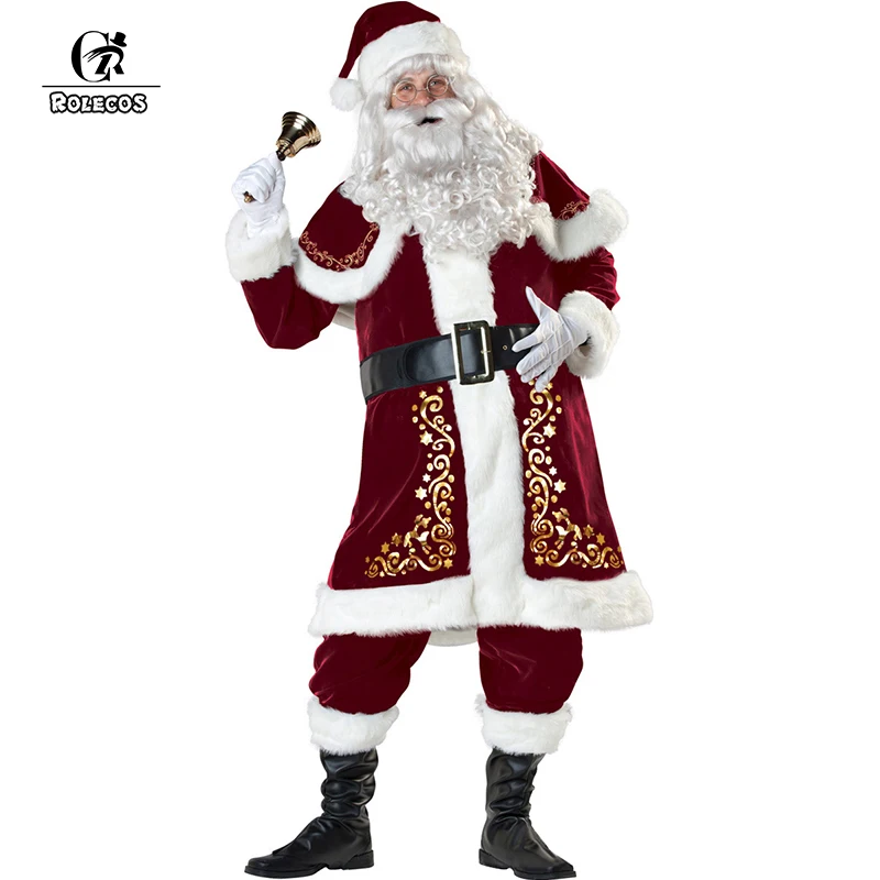 

ROLECOS Men Christmas Cosplay Costume Santa Claus Cospaly Costume Full of Sets with Hair for Men Santa Claus Costume Luxury Suit