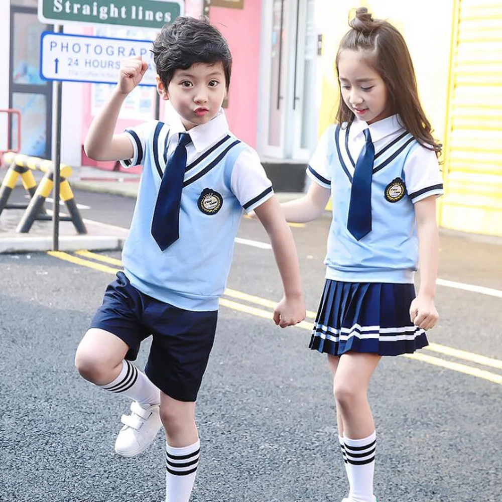 Colors Children Cotton Korean Japanese Student School Uniforms Girls Boys Kid Collar Shirt Top Pleated Skirt Shorts Tie Outfits